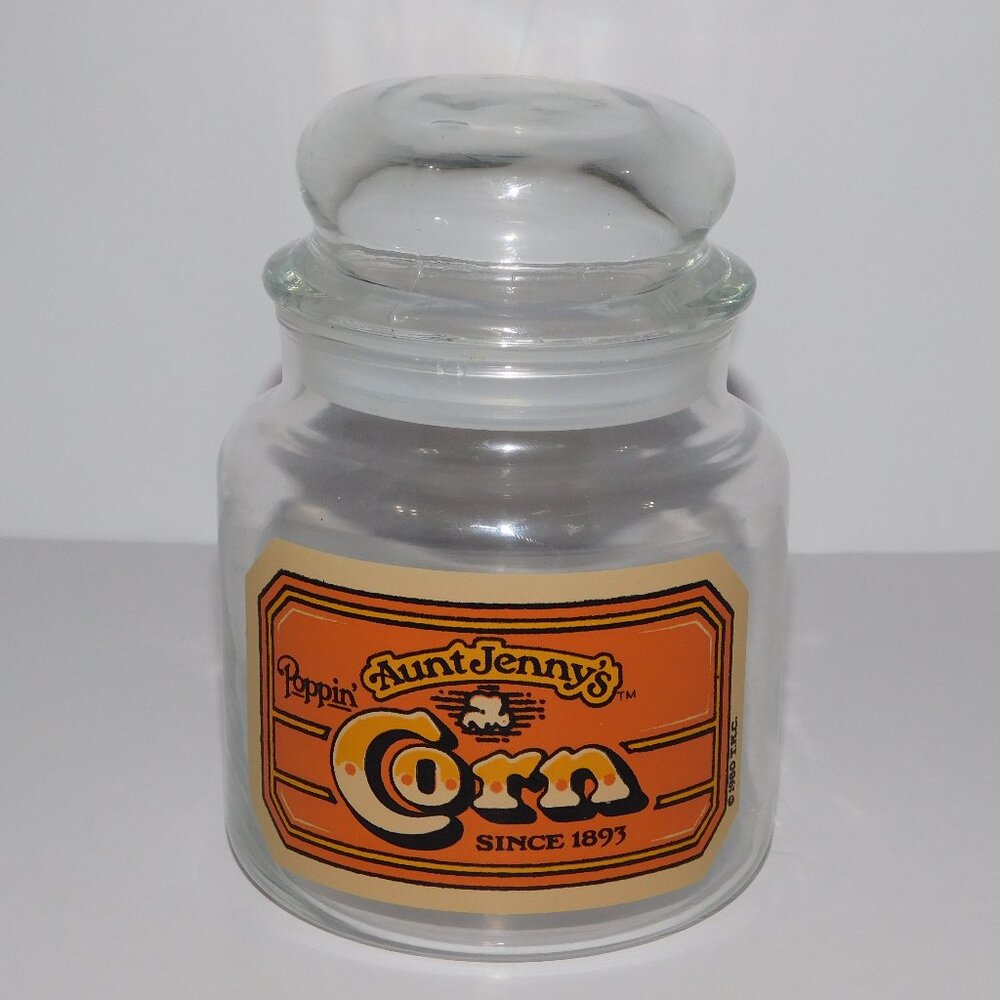 VTG 1980 T.K.C. Aunt Jenny's Poppin Corn 6" Glass popcorn  Storage Jar Canister